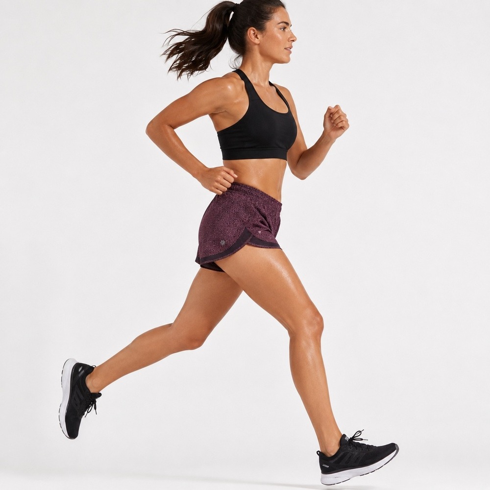 Athleta Printed Mesh Racer Run Shorts 4" Women's L, Sporty Plum Purple color